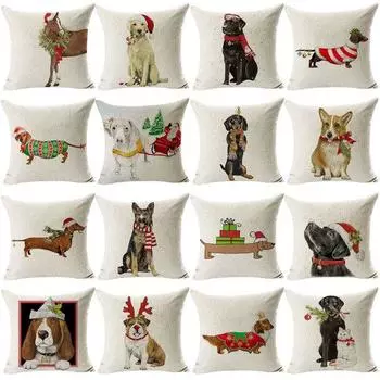 Рождественская подушка с животными и собаками, льняная наволочка, чехол для дивана, автомобиля