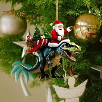 Рождественская подвеска Санта-Клаус на динозавре, украшение 2D, плоское акриловое подвесное украшение для рождественской елки, каминная полка Santa Claus