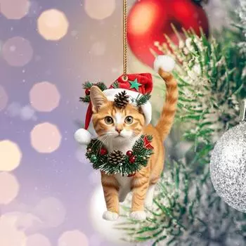 Рождественская подвеска в виде кошки, 2D акриловое подвесное украшение, шапка Санты, подвеска в виде кошки на зеркало заднего вида автомобиля, елочное украшение, подарок для любителей кошек Cat
