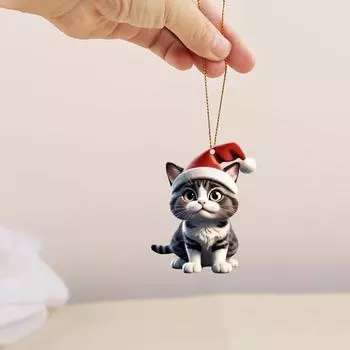 Рождественская подвеска в виде кота, акриловая шапка Санты, мультяшный кот, подвесное украшение, брелок для ключей, подвеска в виде котенка, украшение на рождественскую елку, подарок для любителей кошек A