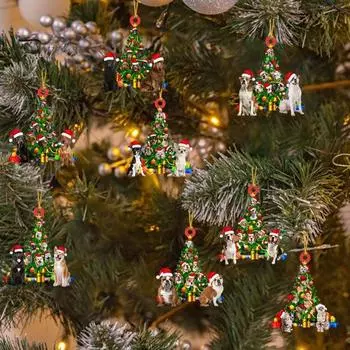 Рождественская подвеска в виде собаки, 2D, плоская акриловая подвесная шапка Санты, собака, кошка, рождественская елка, подвесное украшение для автомобиля, подарок для любителей домашних животных C