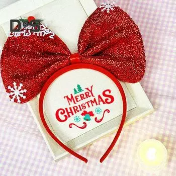 Рождественская повязка на голову с бантом для детей и взрослых, карнавальный костюм, украшение для вечеринки, красный, зеленый, с блестками, рождественский головной убор, реквизит для фотосъемки 1