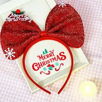 Рождественская повязка на голову с бантом для детей и взрослых, карнавальный костюм, украшение для вечеринки, красный, зеленый, с блестками, рождественский головной убор, реквизит для фотосъемки 2