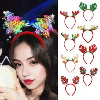 Рождественская повязка на голову с блестками и декором в виде рогов оленя, обруч для волос, эластичная повязка на голову для детей и взрослых, праздничный блестящий головной убор 7