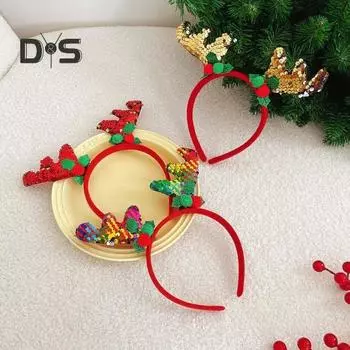Рождественская повязка на голову с блестками и декором в виде рогов оленя, обруч для волос, эластичная повязка на голову для детей и взрослых, праздничный блестящий головной убор 7