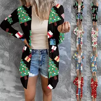 Рождественская принтованная рубашка женская осенняя повседневная домашняя обстановка длинный топ женский свитер кардиган S красный