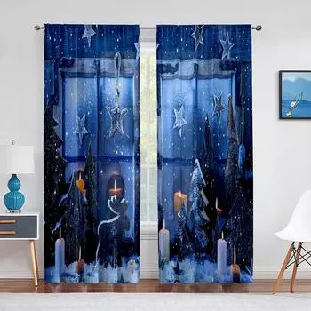 Рождественская прозрачная вуаль, деревянная доска, рождественская елка, звезды и олени, снежные свечи, оконные тюлевые шторы для гостиной, спальни 1 PCS W100XH250cm&Rod Pocket