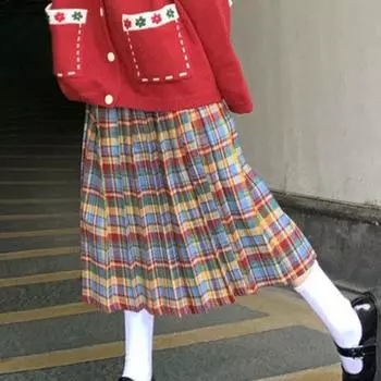 Рождественская радужная клетчатая шерстяная плиссированная юбка японская узкая юбка с высокой талией милая винтажная мода Faldas Para Mujeres One Size