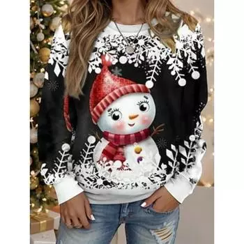 Рождественская рубашка, женский пуловер из полиэстера, снеговик, снежинка, рождественский принт, рождественская повседневная толстовка с капюшоном, длинный рукав, микроэластичная, осень-зима S