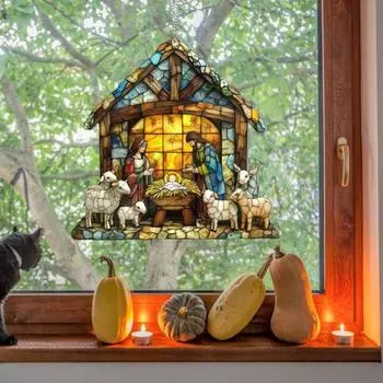 Рождественская сцена ловец солнца окрашенный акриловый ловец солнца подвесное украшение на окно рождественский вертеп для домашнего рождественского декора христианский подарок S