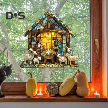 Рождественская сцена ловец солнца окрашенный акриловый ловец солнца подвесное украшение на окно рождественский вертеп для домашнего рождественского декора христианский подарок S