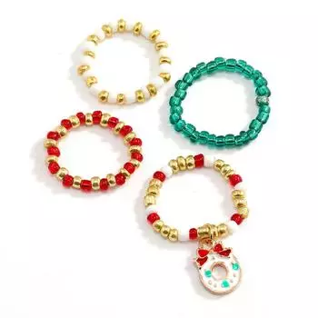 Рождественская серия Цветные рисовые бусины 4-х частей набор колец, Тренд эластичное кольцо для женщин