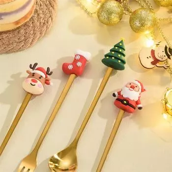 Рождественская серия из нержавеющей стали десертная ложка-вилка с высоким содержанием цвета кофейная ложка вилка для торта мультфильм креативный подарок посуда костюм