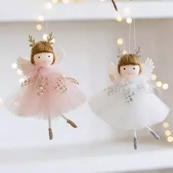 Рождественская сетчатая юбка с подвеской в виде рогов ангела для девочки, украшение на рождественскую елку, рождественские украшения розовый