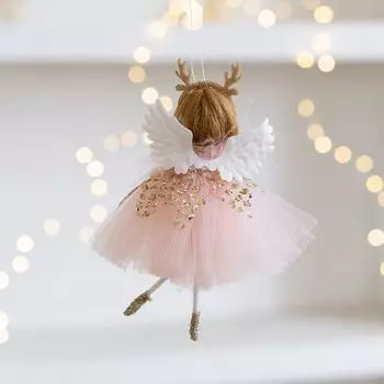 Рождественская сетчатая юбка с подвеской в виде рогов ангела для девочки, украшение на рождественскую елку, рождественские украшения розовый
