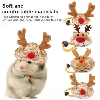 Рождественская шапка для хомяка, плюшевая соломенная шляпа с рогами оленя, аксессуар для костюма маленького животного для ежа, морской свинки Small A