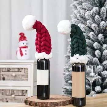 Рождественская шапка на бутылку вина, вязаная мини-шапка Санты, чехол на бутылку вина, рождественская верхушка на елку вино красного