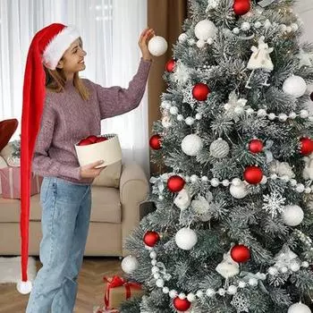 Рождественская шапка Санты, ультрадлинная, плюшевая, с шариками, декоративная, толстая, сохраняющая тепло, нескользящая, красная, праздничная, новогодняя, для вечеринки, косплея, фото, праздничный головной убор B