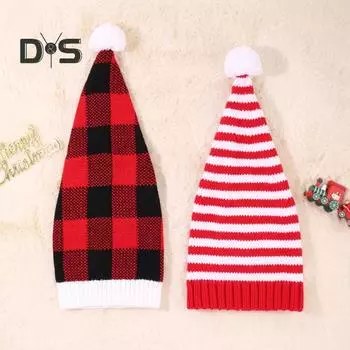 Рождественская шапка унисекс с контрастным полосатым принтом, мешковатая плюшевая, с декором в виде мяча, толстая защита для ушей, реквизит для фотосессии на Новый год, шапочка-бини белый