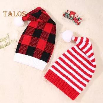 Рождественская шапка унисекс с контрастным полосатым принтом, мешковатая плюшевая, с декором в виде мяча, толстая защита для ушей, реквизит для фотосессии на Новый год, шапочка-бини белый