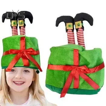 Рождественская шапка в виде мультяшной поддельной ноги, подарочная коробка в форме банта, декор для фото, головной убор, толстая зимняя шапка, праздничный подарок, головной убор, праздничный костюм, реквизит зелёный