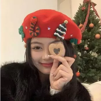Рождественская шапка винтажный красный зеленый берет женский зимний бабочка Y2k Millennium Sweet Sister теплый для женщин шерстяной твидовый берет кепка M 56-58cm чёрный