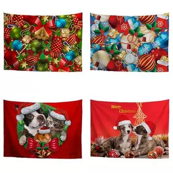 Рождественская шляпа Элемент Печатный гобелен Фон Ткань Гобелен Милые кошки и собаки 100x75cm