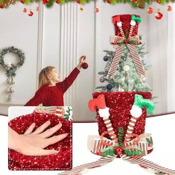 Рождественская шляпа-верхушка для елки, забавная шляпа-верхушка для елки с ножками, красная шляпа-котелок с блестками и удлиненной лентой-бантом, украшения для елки