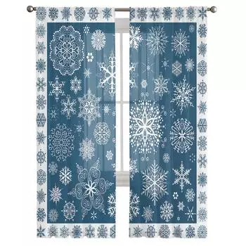 Рождественская синяя текстура снежинки, прозрачная тюль для гостиной, оконная занавеска, декор для спальни, кухни, вуаль, шторы 135W x 114H(cm)