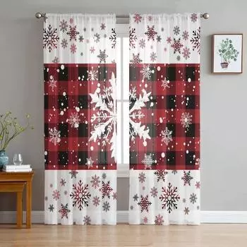 Рождественская снежинка, клетчатая пряжа, занавески, тюль, занавески для гостиной, кухни, прозрачные шторы для окон, вуаль W135 x H115cm x1&Rod Pocket