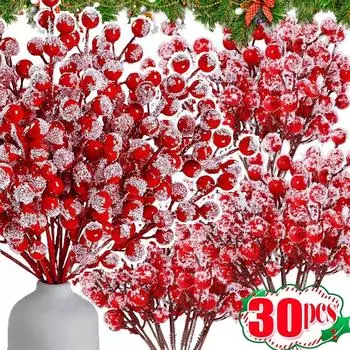 Рождественская снежинка Красные ягоды Красные фрукты Имитация ягодных веток 12 головок Стебли ягод падуба DIY Венок Украшения на рождественскую елку