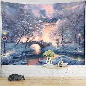 Рождественская снежная ночь, карта путешествий, гобелен, настенный психоделический лесной дом, иллюстрация, домашний декор для гостиной 95x70cm