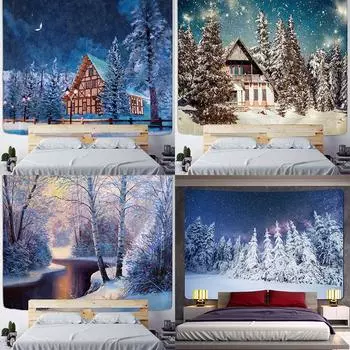 Рождественская снежная сцена, домашний художественный гобелен, Рождественская елка, богемное украшение, психоделическая сцена, настенная подвеска 100x75cm