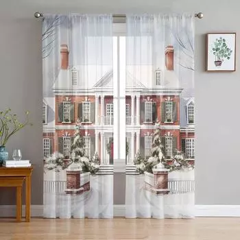 Рождественская снежная сцена, снежинка, окно дома, тюлевые шторы для гостиной, кухни, Рождественский домашний декор, прозрачные шторы из вуали 135W x 114H(cm)