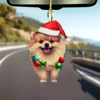 Рождественская собака, зеркало заднего вида, подвеска, украшение для автомобиля, милый щенок в рождественской шапке, украшения для рождественской елки, автомобильные аксессуары Dog