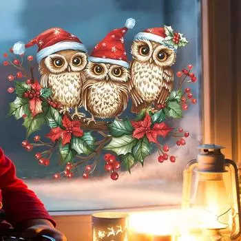 Рождественская Сова Наклейки на окна Ветка Сова Новогодняя статическая наклейка Милая Сова Стекло Крепится для Зимней Вечеринки Рождественские Украшения 2025 23x28CM