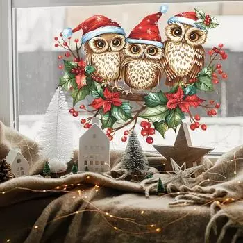 Рождественская Сова Наклейки на окна Ветка Сова Новогодняя статическая наклейка Милая Сова Стекло Крепится для Зимней Вечеринки Рождественские Украшения 2025 23x28CM