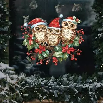 Рождественская Сова Наклейки на окна Ветка Сова Новогодняя статическая наклейка Милая Сова Стекло Крепится для Зимней Вечеринки Рождественские Украшения 2025 23x28CM