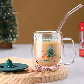 Рождественская стеклянная кофейная кружка с крышкой 250 мл, двухстенная изолированная кружка для питья, прочная стеклянная кружка для напитков, рождественские украшения для дома и офиса красный