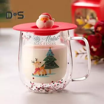 Рождественская стеклянная кофейная кружка с крышкой 250 мл, двухстенная изолированная кружка для питья, прочная стеклянная кружка для напитков, рождественские украшения для дома и офиса красный