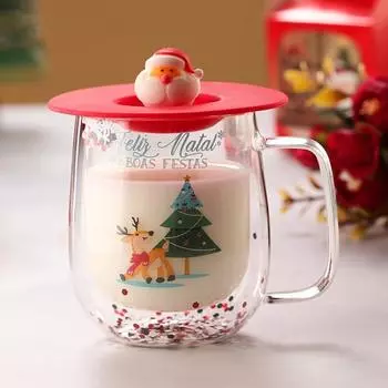 Рождественская стеклянная кофейная кружка с крышкой 250 мл, двухстенная изолированная кружка для питья, прочная стеклянная кружка для напитков, рождественские украшения для дома и офиса красный