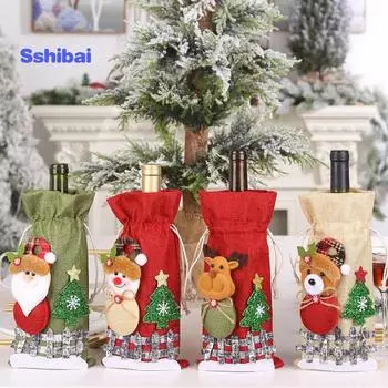 Рождественская сумка для бутылки вина с шнурком Санта-Клаус Олень Снеговик Медведь Мешковина Подарочная сумка для бутылки вина Крышка рождественского праздника Украшение бутылки вина Elk