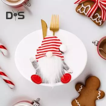 Рождественская сумка для столовых приборов с изображением безликого гнома, чехол для многоразового использования ножа и вилки для украшения стола на рождественскую вечеринку дома Stripe