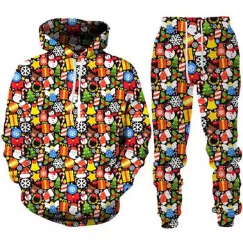 Рождественская тема, толстовка со штанами и 3D принтом, модный спортивный костюм для пары, спортивный костюм из 2 предметов, с Новым годом, для мужчин и женщин, забавная уличная одежда, одежда S
