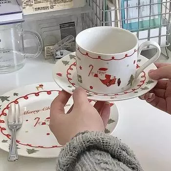 Рождественская тематическая кофейная чашка с блюдцем, расписанная вручную мультяшным Санта-Клаусом, кофейная кружка, фруктовый десерт, 8-дюймовая тарелка, стаканчики для молока на завтрак 250ml