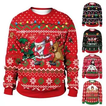Рождественская толстовка для пар с рождественским принтом, свободная с длинными рукавами, красочная круглая шея, теплая унисекс, толстая женская и мужская толстовка с лосем для вечеринки AL