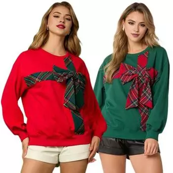 Рождественская толстовка с капюшоном для женщин с круглым вырезом и длинным рукавом, клетчатый принт, декор в виде банта, спортивные топы свободного кроя, повседневные пуловеры M красный