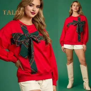 Рождественская толстовка с капюшоном для женщин с круглым вырезом и длинным рукавом, клетчатый принт, декор в виде банта, спортивные топы свободного кроя, повседневные пуловеры M зелёный