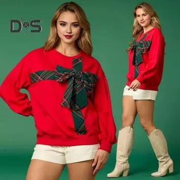 Рождественская толстовка с капюшоном для женщин с круглым вырезом и длинным рукавом, клетчатый принт, декор в виде банта, спортивные топы свободного кроя, повседневные пуловеры XXL зелёный