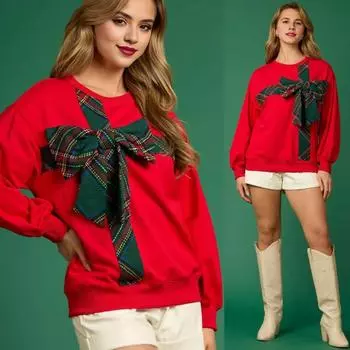 Рождественская толстовка с капюшоном для женщин с круглым вырезом и длинным рукавом, клетчатый принт, декор в виде банта, спортивные топы, свободные XL красный